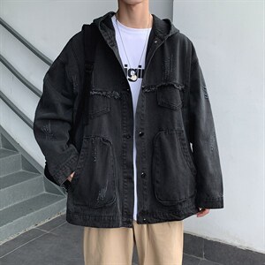 ins潮牌工装连帽牛仔外套男宽松休闲男女bf风夹克牛仔衣JK077-P65图片