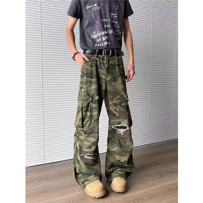 褶皱多口袋迷彩工装休闲裤男高街潮牌显瘦堆积感拖地裤子,男装工装外套,星座506A