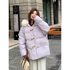 8809#光版手塞棉紫色牛角扣棉服女冬季宽松大毛领加厚面包服外套，女装棉衣/棉服，星座1210-1