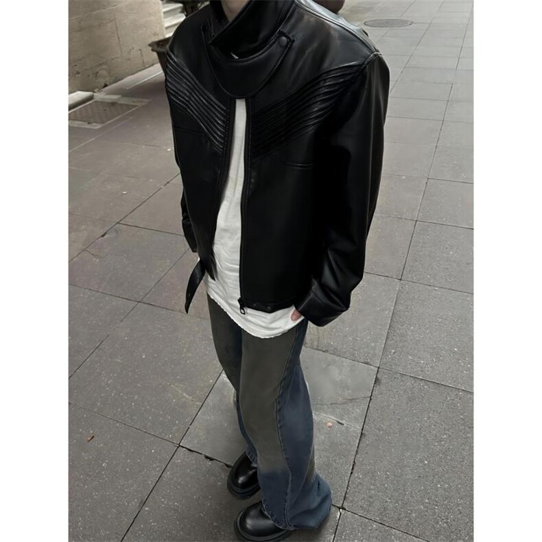 eanfit短款皮衣外套男潮高级感痞帅男装垫肩解构设计感机车夹克,男装皮衣,四季星座505