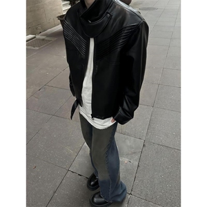 eanfit短款皮衣外套男潮高级感痞帅男装垫肩解构设计感机车夹克图片