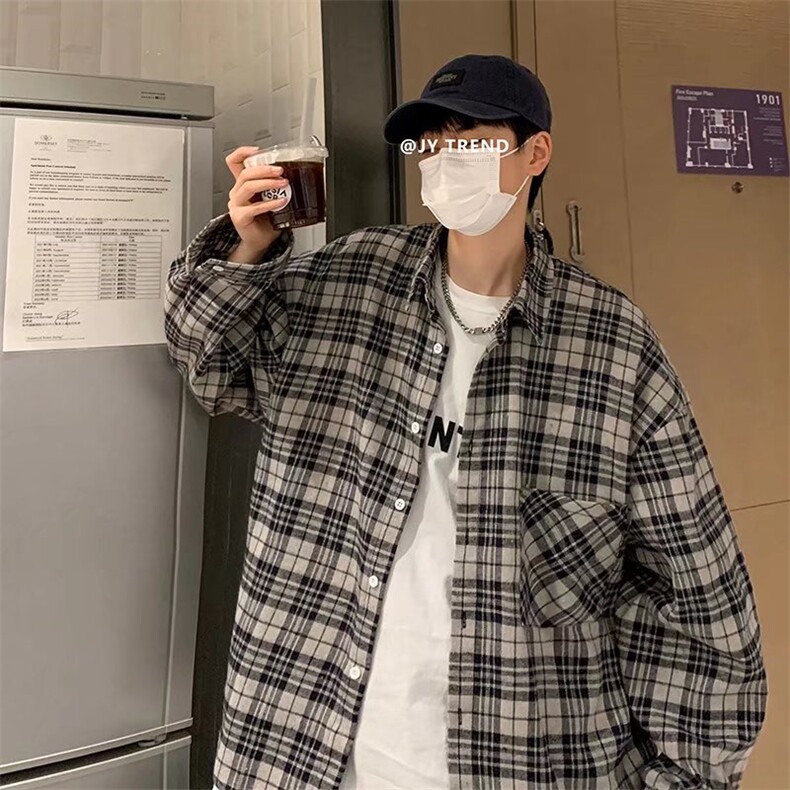 日系复古格子衬衫男港风oversize情侣百搭宽松衬衣外套C6915-p35,男装衬衫,星座1008
