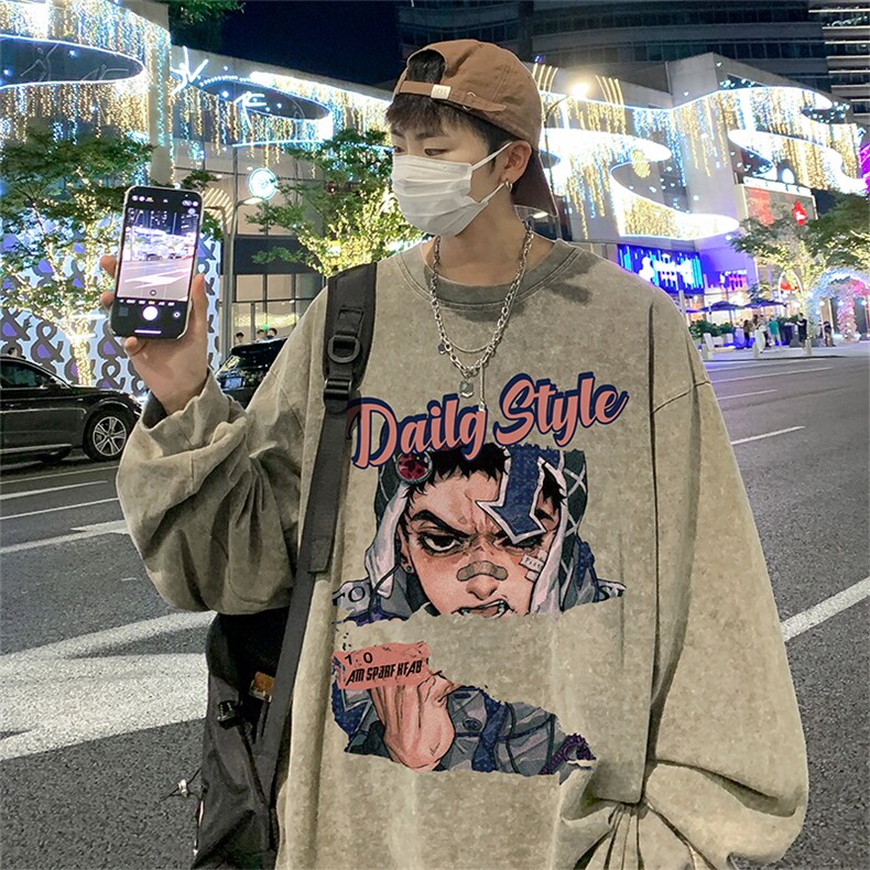 直播品质重磅纯棉美式蜡染水洗做旧潮牌宽松长袖t恤CT306特P38,男装T恤,电商A486