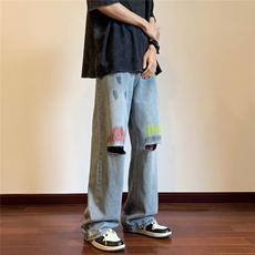夏季新款时尚潮男女百搭宽松泼漆破洞扎染牛仔裤9分裤-K9190-p45，男装牛仔裤，星座601-2