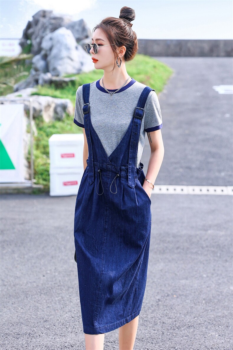 短袖牛仔背带裙套装女2023夏季新款女装两件套,女装套装/套裙,慧尚依恋