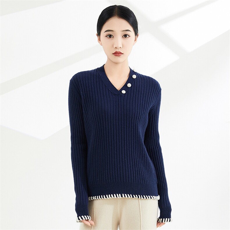 鄂家同款纯山山女宽松勾边v领抽条套头打底针织衫，女装羊毛衫，奢优羊绒