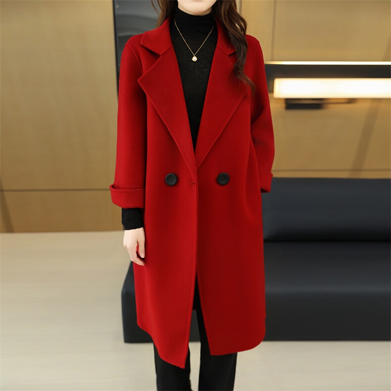 羊毛大衣女中长款秋冬2024新款翻领简约时尚,女装双面呢大衣,鹿展羊绒大衣