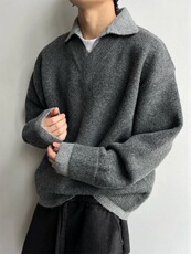 濮院毛衣男针织polo衫日系美式假两件V领文艺套头翻领LF113P65，男装针织衫/毛衣，电商D256-1(原A064-1)