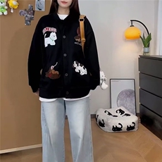 春秋美式复古刺绣小狗宽松棒球服外套男女情侣开衫卫衣GA814P48，女装短外套，星座1013-5