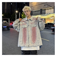美式复古潮牌水洗做旧扎染涂鸦牛仔外套新款宽松休闲夹克，男装夹克，星座410-7