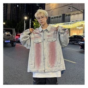 美式复古潮牌水洗做旧扎染涂鸦牛仔外套新款宽松休闲夹克图片
