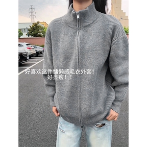 重磅秋冬北极绒双拉链毛衣开衫美式复古休闲慵懒风宽松针织衫外套图片