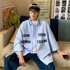 1港风竖条纹大码M-5XL中性风情侣潮七分袖衬衫男QCS7018P45控69，男装衬衫，星座226-2