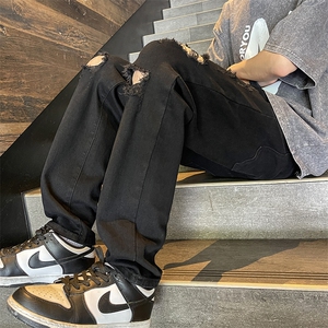 美式复古牛仔裤男新款高街裤子破洞潮牌宽松阔腿裤N1091-P40图片