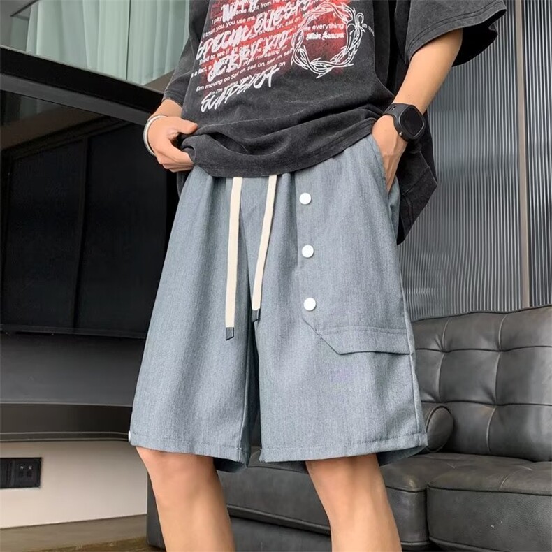 排扣五分短裤男夏季潮牌宽松直筒中裤高级感潮流休闲裤CK3051-P32图片