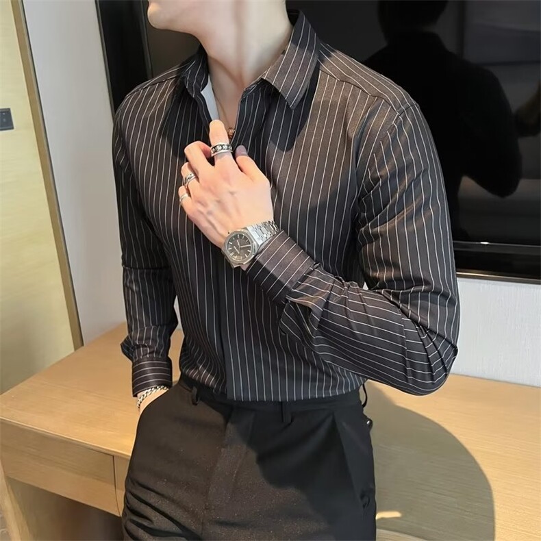 男士衬衫长袖暗扣韩版修身竖条纹四面弹衬衫白色衬衣潮C007,男装衬衫,星座1116A-2（原606A-1）