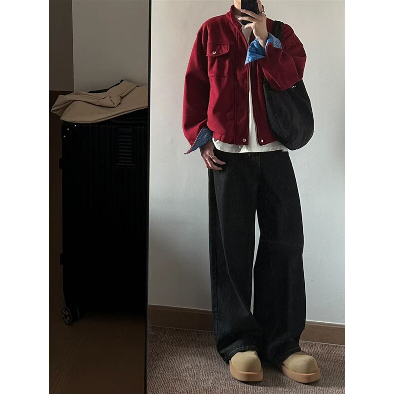 网图有货美式巴恩风红色毛呢夹克男女立领百搭工装外套A1026-P72,男装夹克,星座1505
