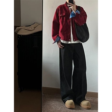 网图有货美式巴恩风红色毛呢夹克男女立领百搭工装外套A1026-P72，男装夹克，星座1505