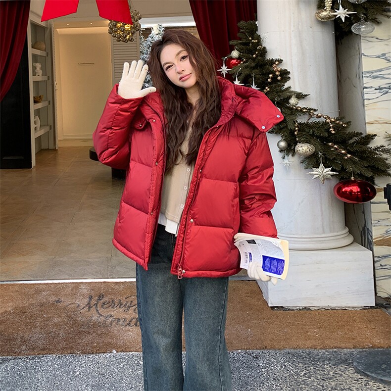 红色休闲连帽短款羽绒服女2024冬新款韩系时尚加厚保暖白鸭绒外套,女装羽绒服,蝶眷