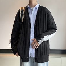 港风秋款男V领开衫毛衣抽绳穿孔拼色针织衫休闲打底外套M3120P60，男装针织衫/毛衣，星座1013-1