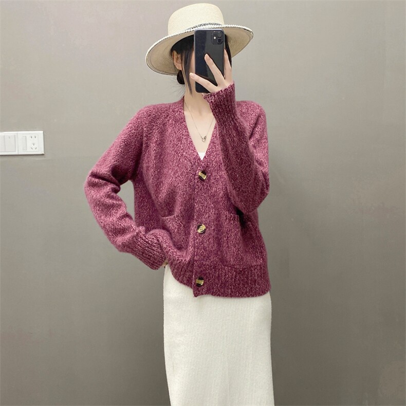 欧货秋冬康赛花纱软糯纯山羊绒开衫女毛衣V领加厚宽松针织外套,女装羊绒衫,织绒羊