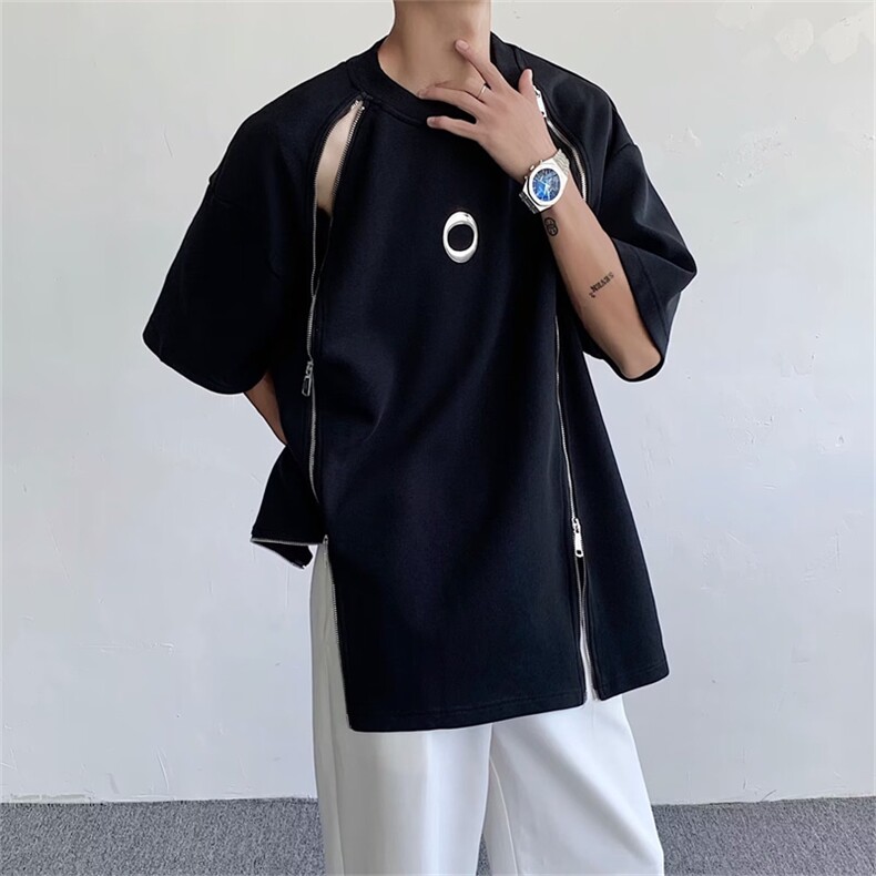 ins高街夏季潮流机能拉链拼接圆领短袖宽松T恤休闲男女GT115-p35,男装T恤,星座1008-2