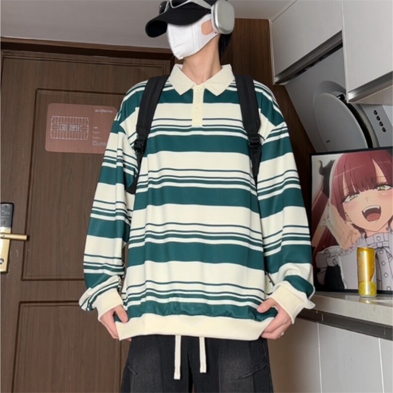 日系条纹POLO衫卫衣男春秋潮牌宽松休闲百搭情侣卫衣上衣8825/P40,男装Polo衫,星座506