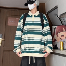 日系条纹POLO衫卫衣男春秋潮牌宽松休闲百搭情侣卫衣上衣8825/P40，男装Polo衫，星座506