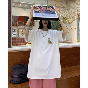 情侣装高街潮设计羊驼毛巾绣宽松圆领半袖T恤情侣上衣D289 P25图片
