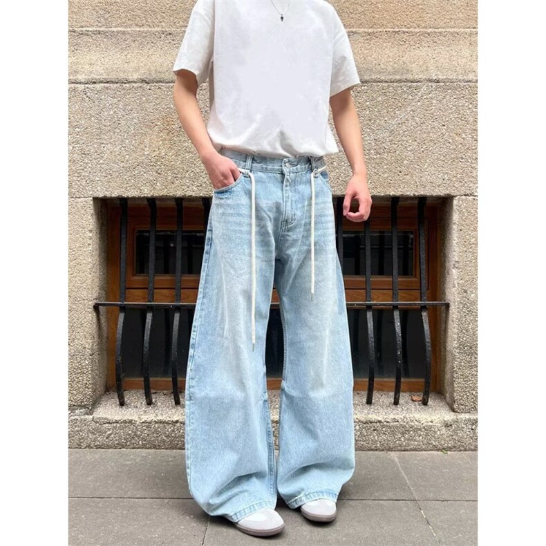 气质日系蓝色牛仔裤带绳子时尚潮流ins慵懒百搭简约流行新款原宿,男装牛仔裤,星座506A