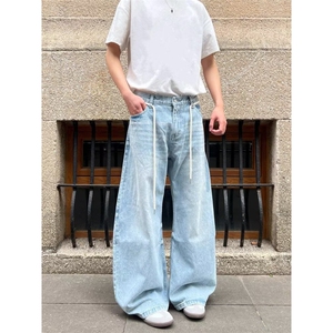 气质日系蓝色牛仔裤带绳子时尚潮流ins慵懒百搭简约流行新款原宿图片
