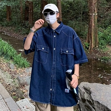 明线工装牛仔衬衫5分短袖日系廓形设计衬衣男女夏季薄外套-CS005，男装衬衫，星座601-2