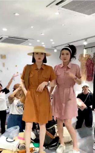 DG897夏季新款2021港风翻领收腰气质显瘦双口袋天丝连衣,女装,L·H·X