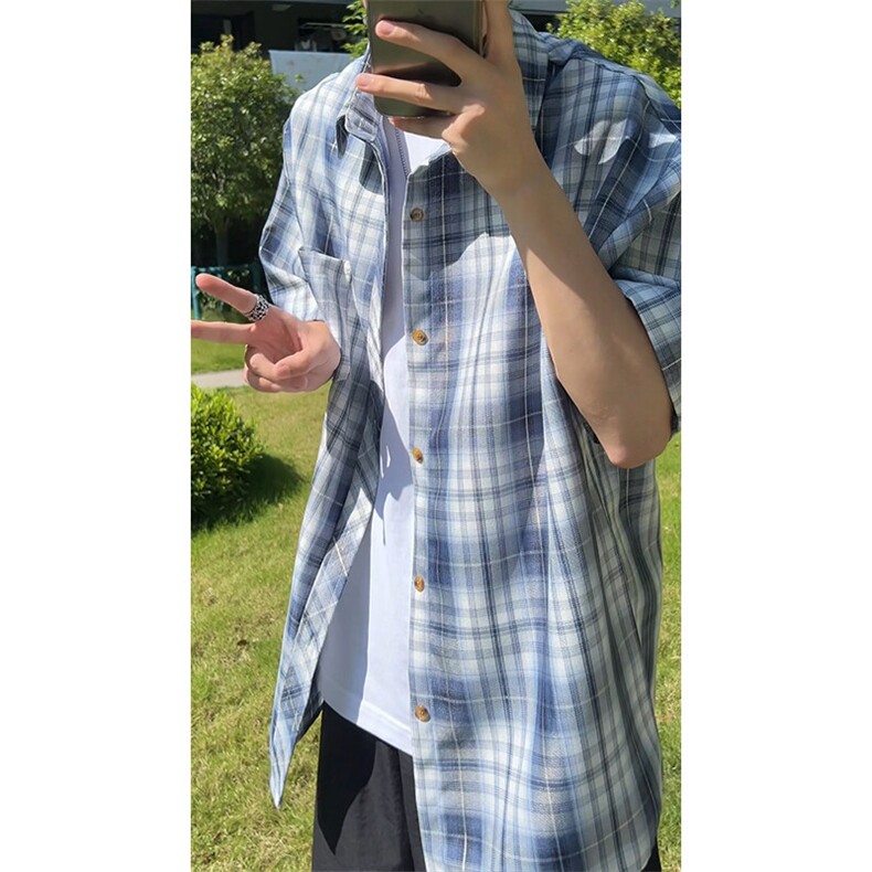 藏青格子短袖衬衫男款夏季薄款格纹撞色衬衣少年感穿搭五分袖外套,男装衬衫,电商A007