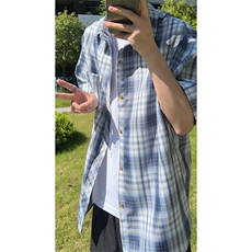 藏青格子短袖衬衫男款夏季薄款格纹撞色衬衣少年感穿搭五分袖外套，男装衬衫，电商A007