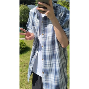 藏青格子短袖衬衫男款夏季薄款格纹撞色衬衣少年感穿搭五分袖外套
