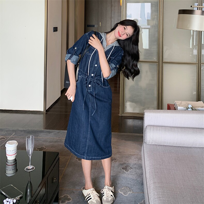 牛仔连衣裙女秋拼接假两件2024秋新款连帽休闲宽松减龄工装连衣裙,女装连衣裙,慧尚依恋