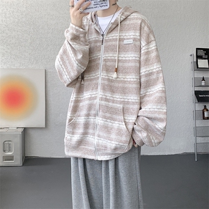 8XL-M 潮情侣美式磨毛编织条纹针织衫卫衣宽松拉链外套WY30P88图片