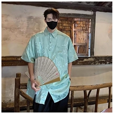 风夏款男冰丝短袖衬衫丝绸竹子印花唐装新中式衬衣CS016P50，男装衬衫，星座1013-1
