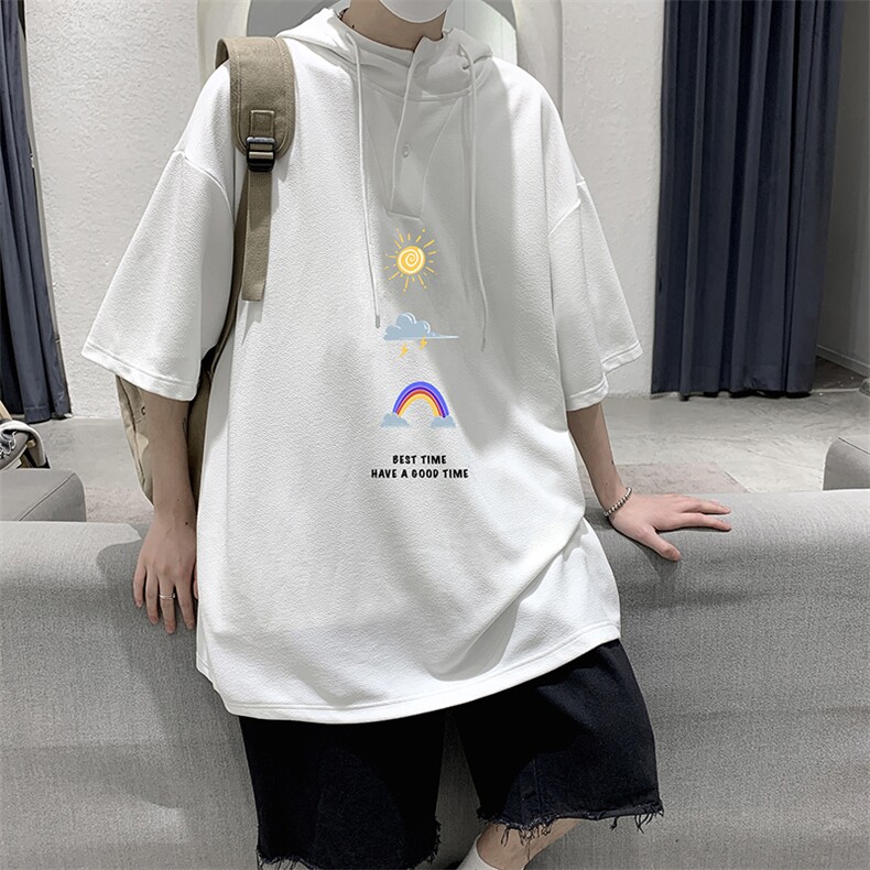 LD54141-P45连帽短袖t恤男大码胖子带帽五分袖中袖大皂风,男装T恤,电商A040
