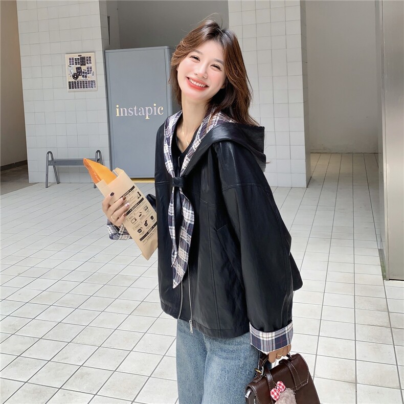 复古格子拼接连帽皮衣外套女2025秋新款设计感宽松短款机车服夹克,女装皮衣,慧尚依恋