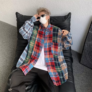 小众街头拼接格子衬衫男春秋潮牌oversize高街衬衣外套HS135-p42