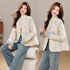 冬季新款新中式小立领重工刺绣双口袋宽松版洋气时尚棉衣外套女，女装棉衣/棉服，央宝儿