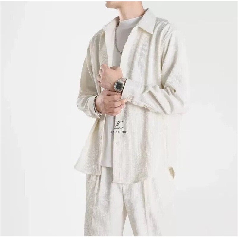 轻熟小众垂感宽松时尚纯色简约衬衫套装肌理感两件套TZ51/P185,男装衬衫,电商A243