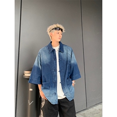 F344-P68夏季新中式潮牛仔外套男复古宽松水洗做旧衬衣现货，男装工装外套，星座512-6