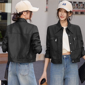 四季青2025春季新款港风黑色皮衣女大口袋机车服PU皮夹克短款上衣图片