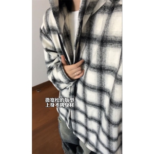 特批45 数据款港风连帽格子衬衫宽松外套男女百搭格子外套CS2399图片