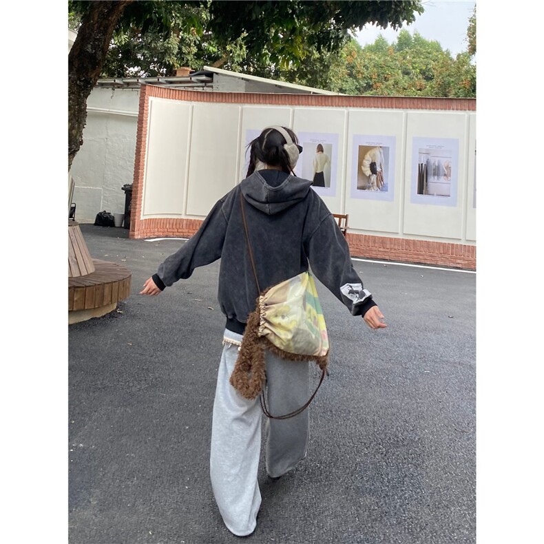 易燃美式纽扣蕾丝花边屁帘休闲裤女秋裤子小众松弛感阔腿裤,女装休闲裤,星座506A