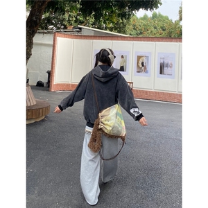 易燃美式纽扣蕾丝花边屁帘休闲裤女秋裤子小众松弛感阔腿裤图片
