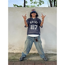 夏季藏青色87大网眼球衣美式街头复古印花球服短袖t恤男女夏季，男装T恤，四季星座505